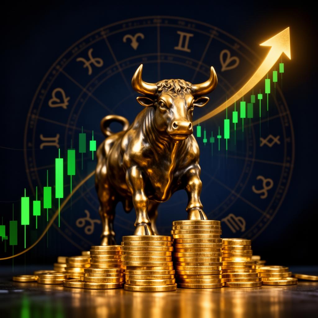 Golden bull standing on stacks of gold coins with rising stock chart and zodiac wheel